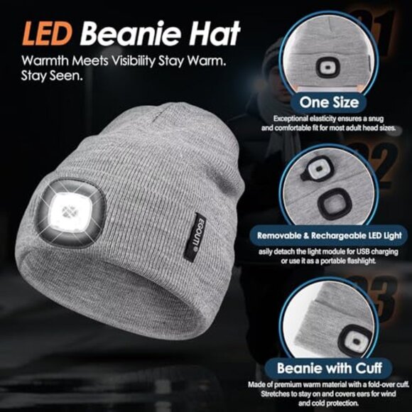 USB Rechargeable LED Beanie Hat with 3 Brightness Modes Unisex Winter